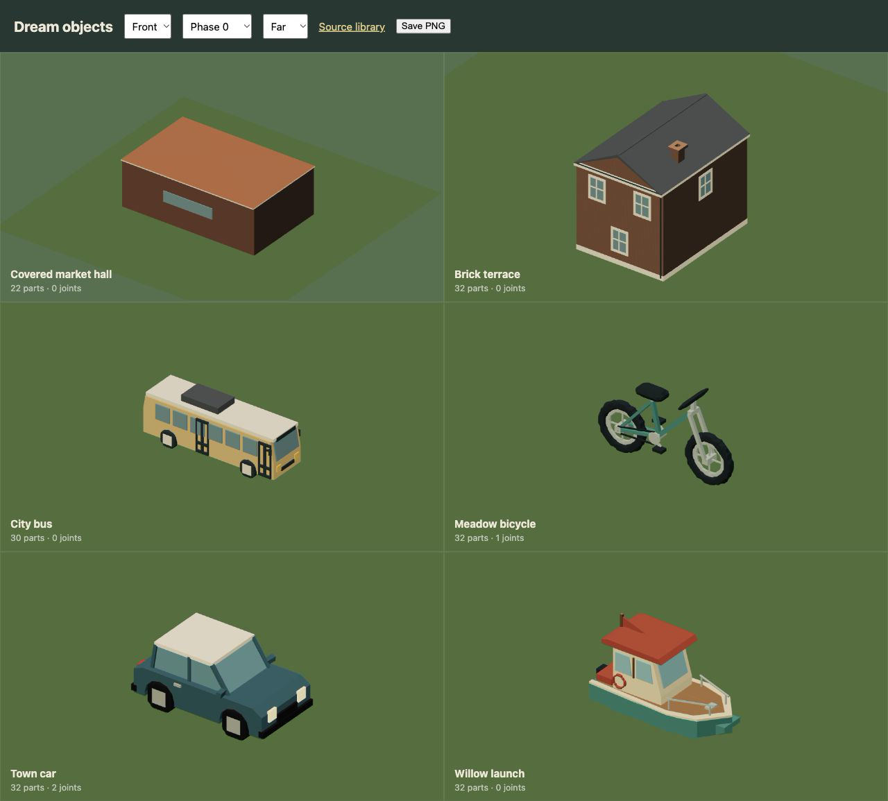 Vehicles and masonry buildings composed from Dream 2 primitives