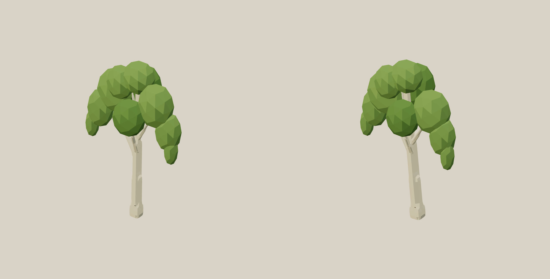 Birch and destructible leaning birch with tapered white stems, visible forks and hanging foliage