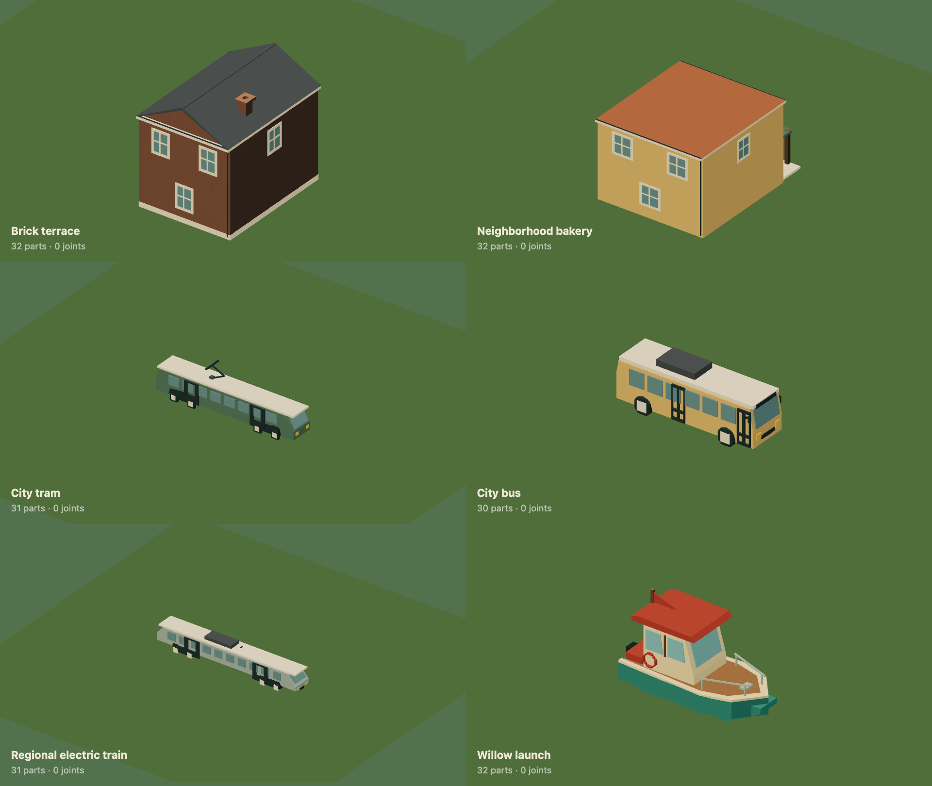 Houses, bus, tram, railcar and launch rebuilt from bounded Dream parts