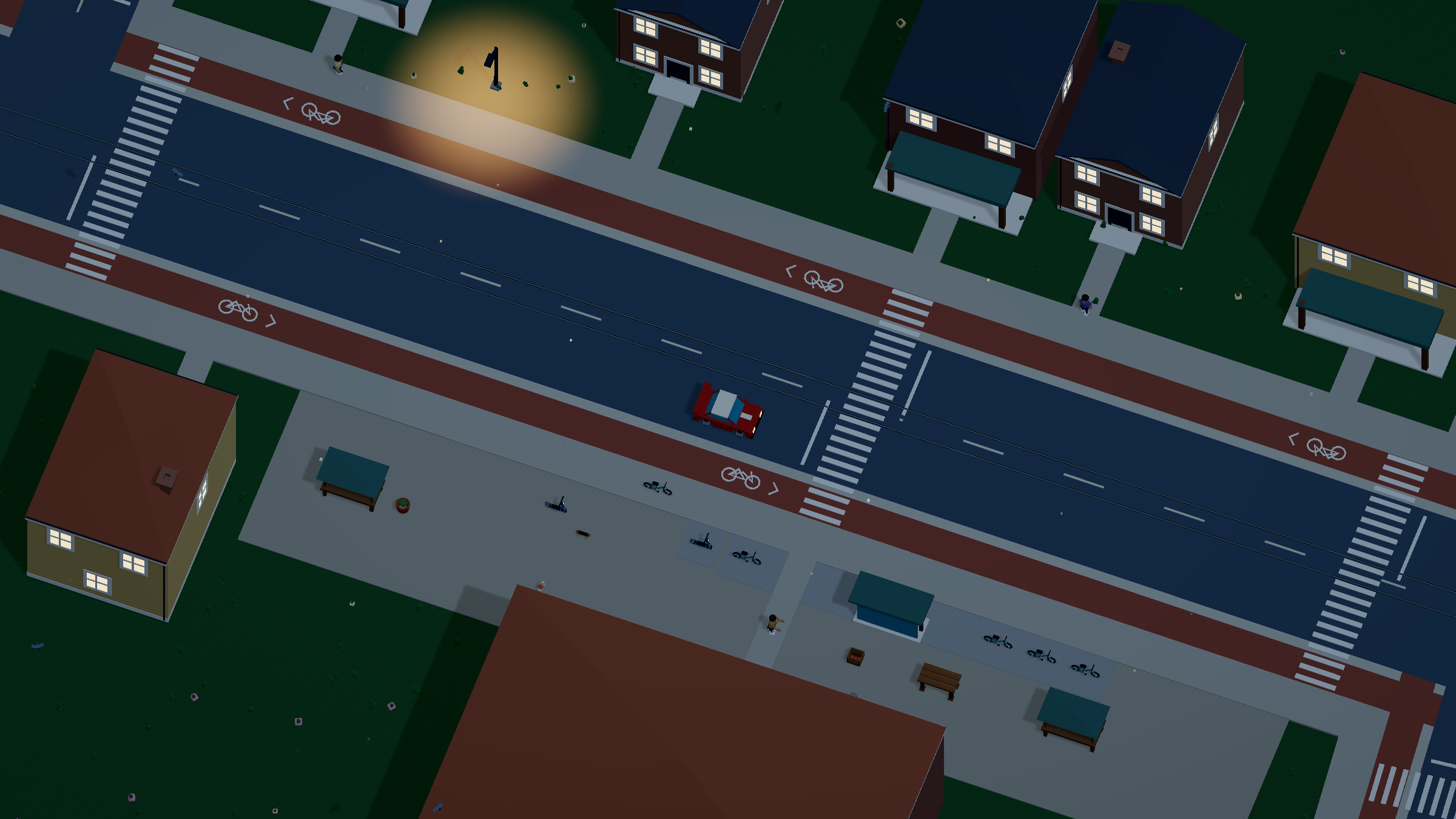 The city after dark, with lit windows and streetlights