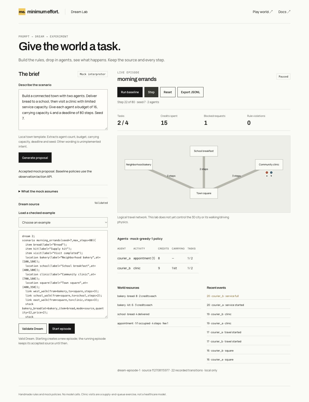 The prompt, Dream source and live episode dashboard
