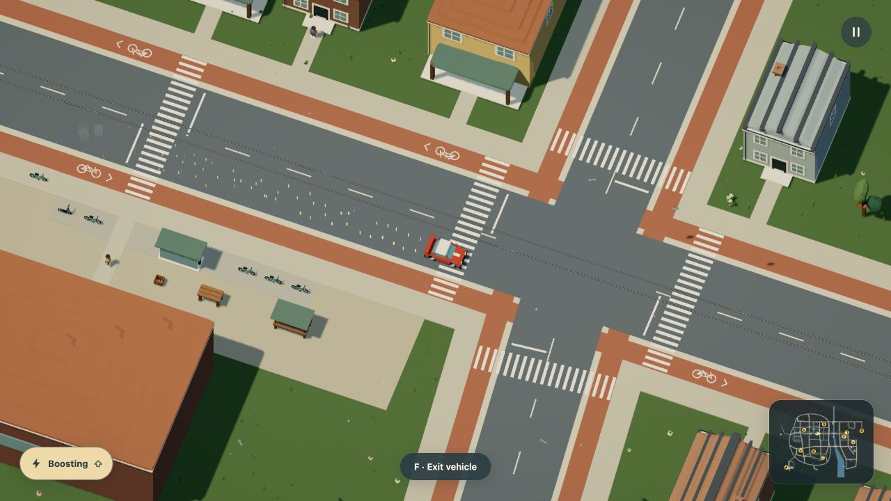 The exploration HUD with car boost, pause, vehicle prompt and position map