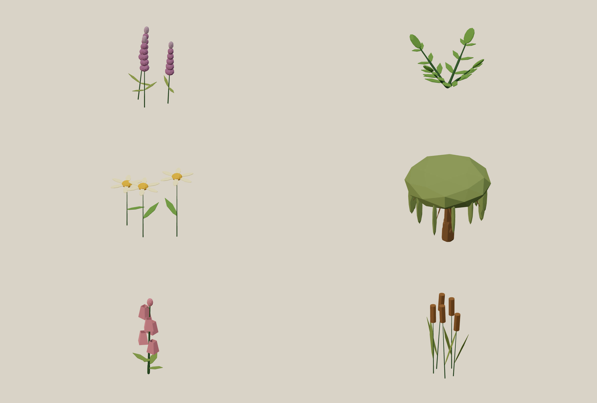 Ferns, foxgloves, lavender, reeds, daisies and a willow