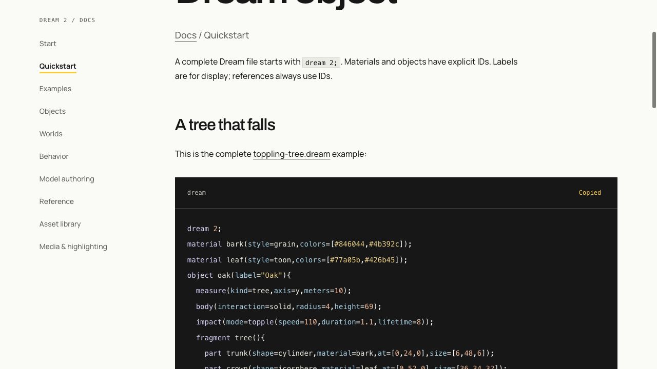 Highlighted, copyable Dream source in the documentation