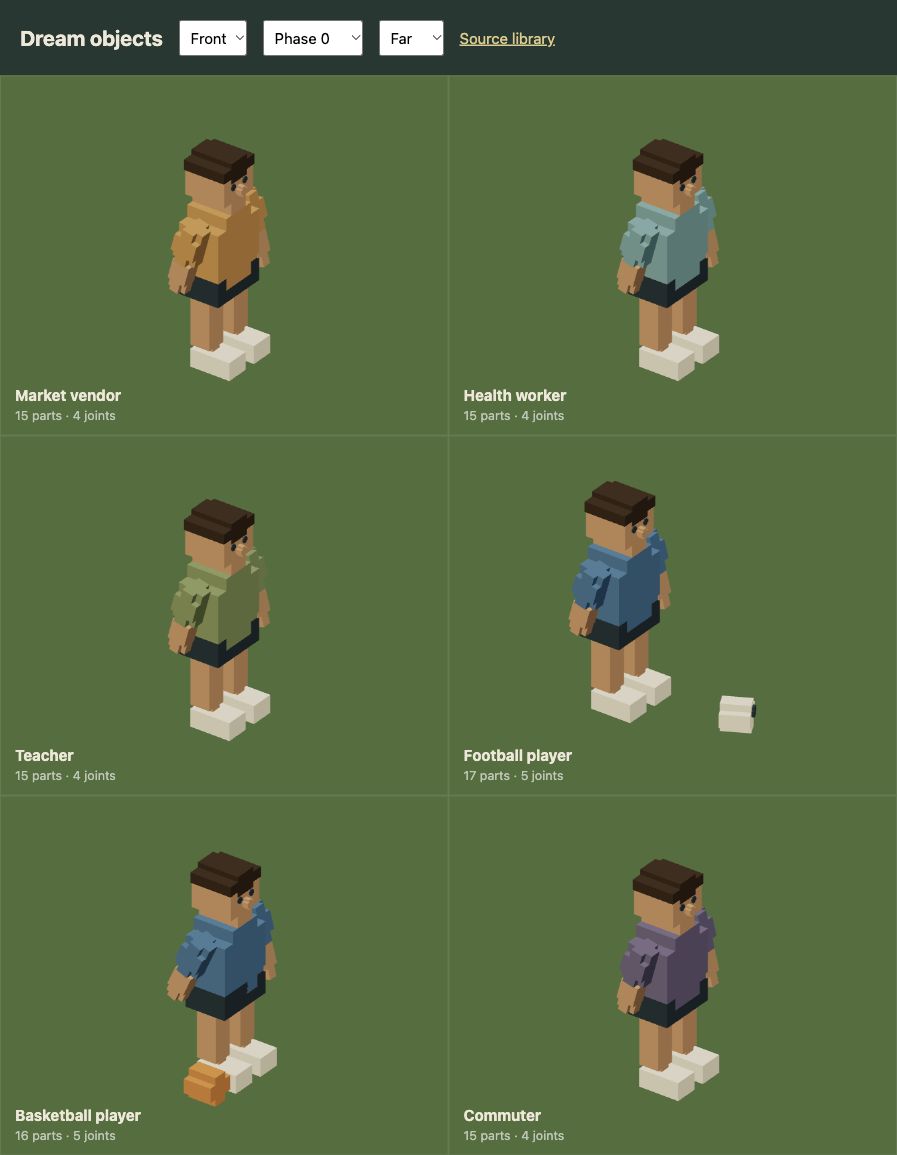 People composed from shared Dream parts, with faces aligned to local +X