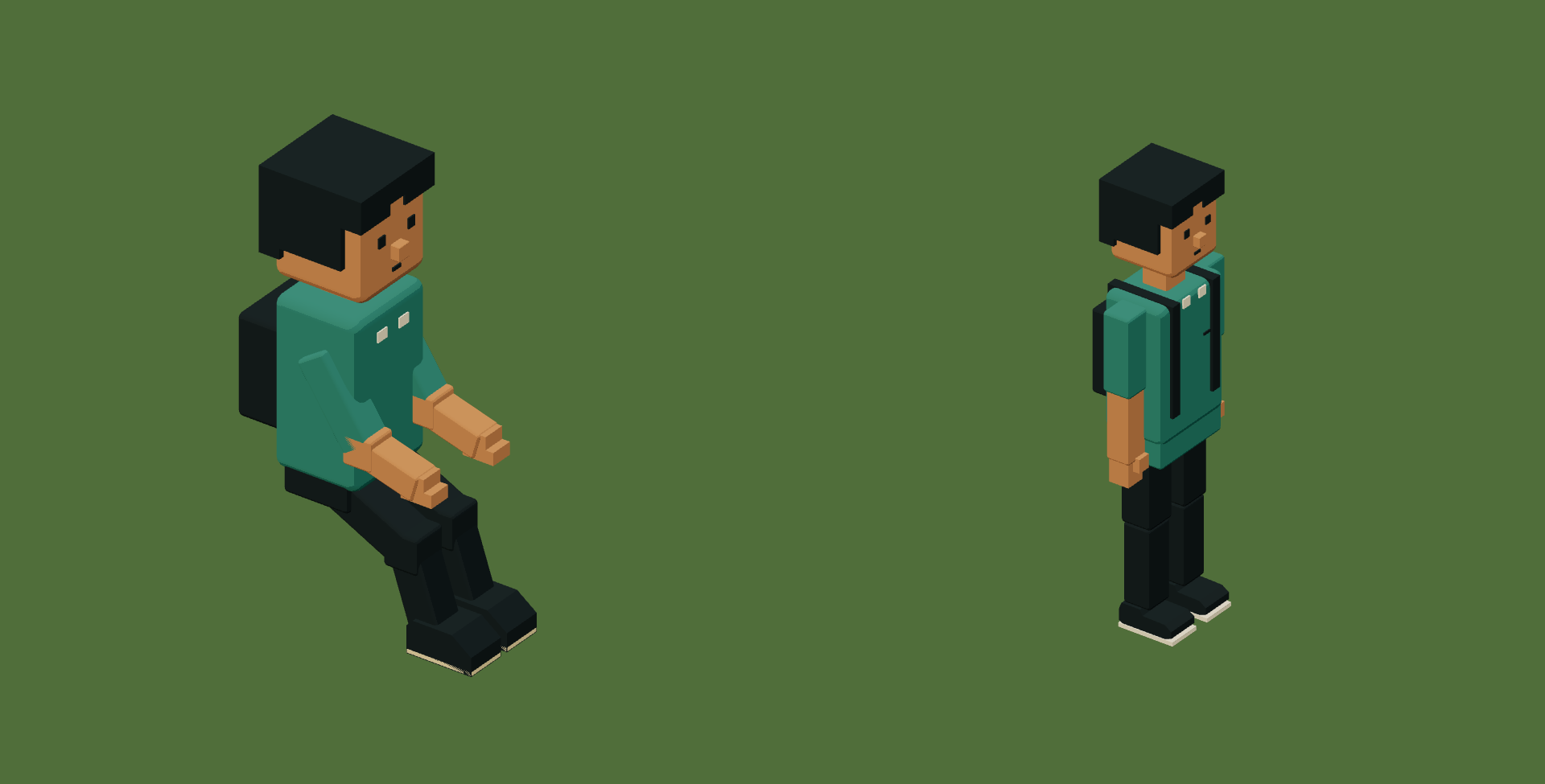Standing and seated player assemblies with the same face and clothes