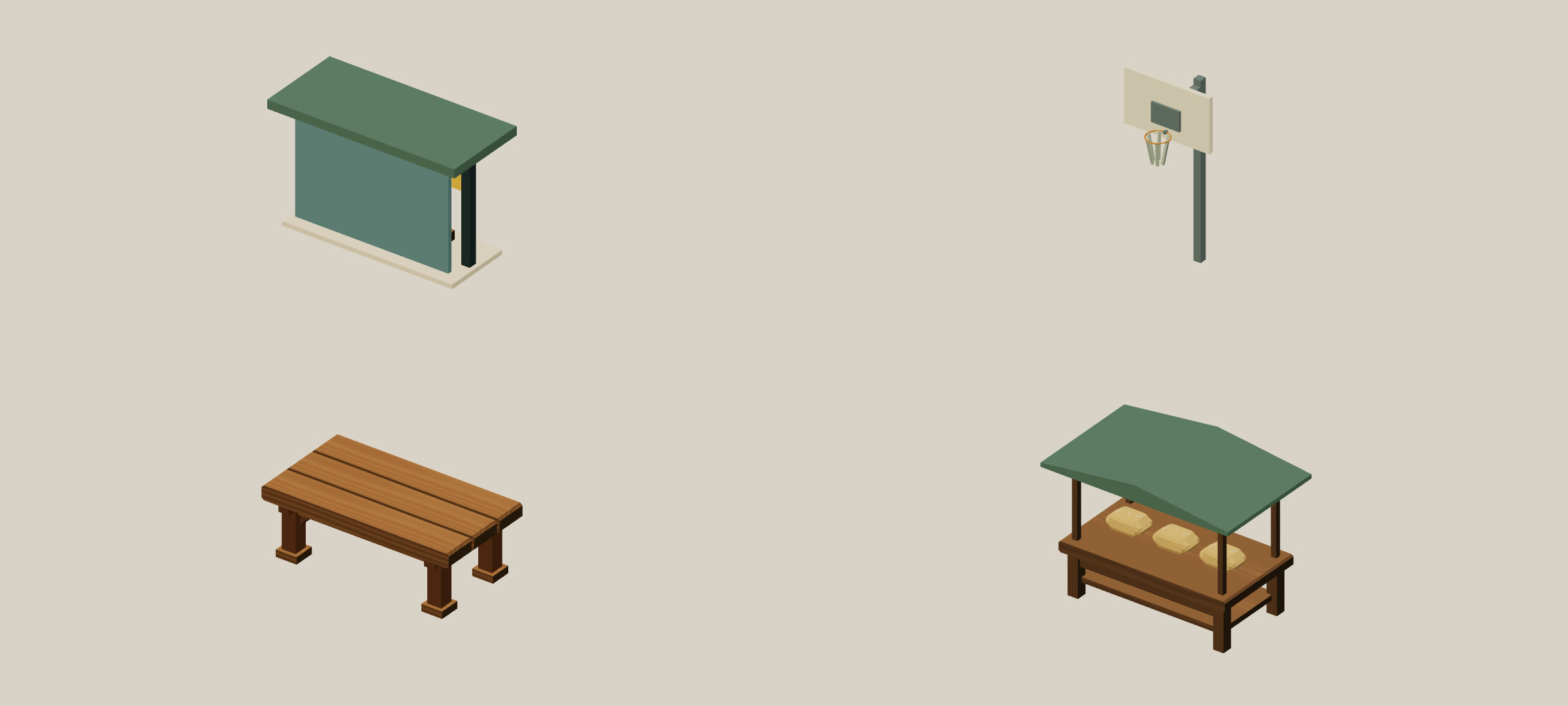 Shelter seating, mounted hoop, supported table and produce stall