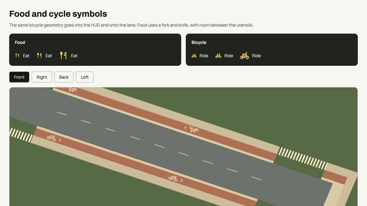 Food and bicycle symbols in the HUD and on cycle lanes