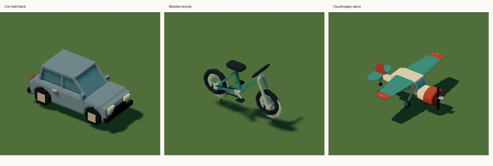 The rally car, bicycle and plane constructed from voxels