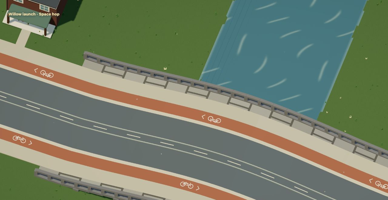 Voxel bridge deck, connected streets and river surface