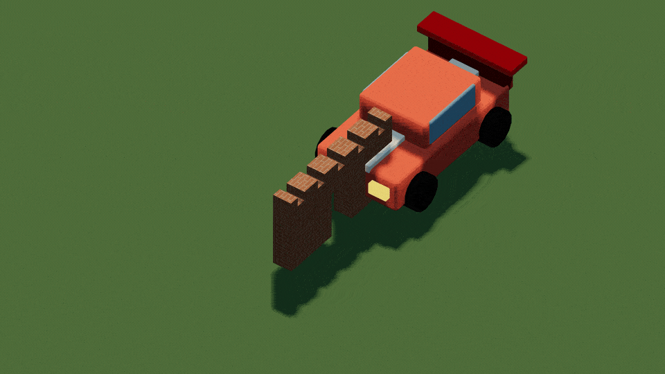 A voxel wall breaking into four pieces